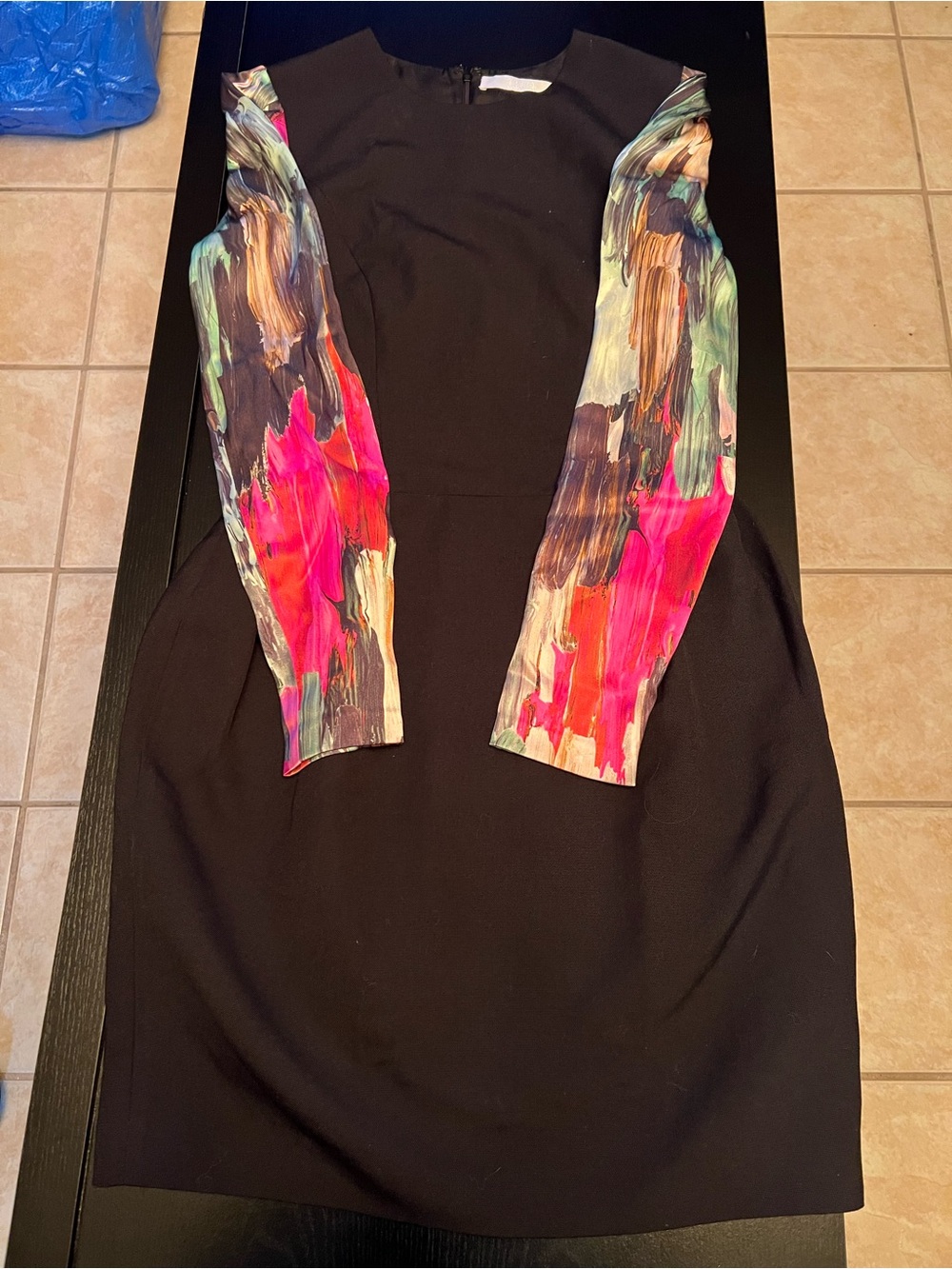 Black Long-Sleeve Sheath Dress with Multicolor Printed Sleeves